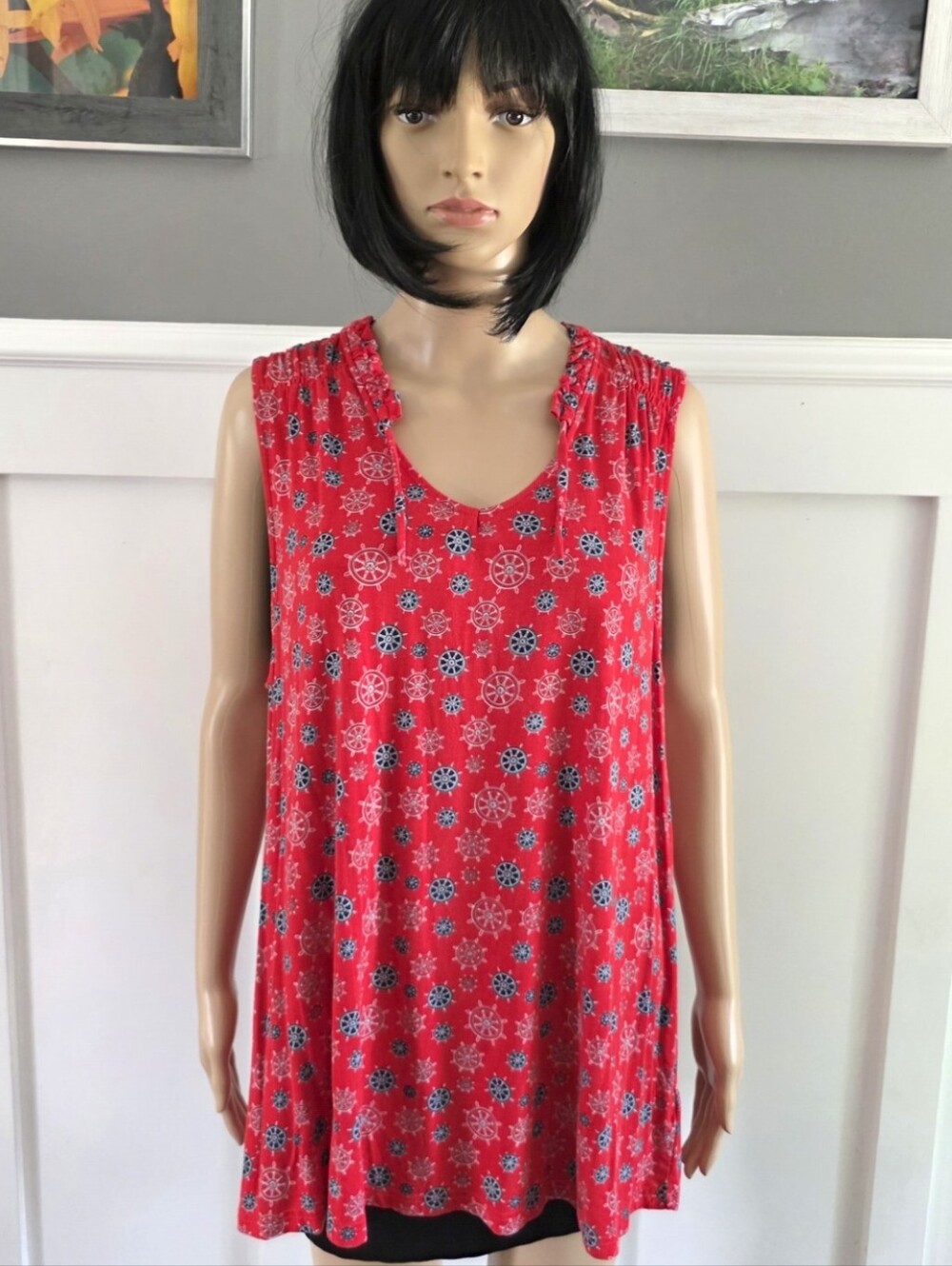 Max Cocos Red Sleeveless Nautical Top – Tiny Rudder Print, Plus Size XXL